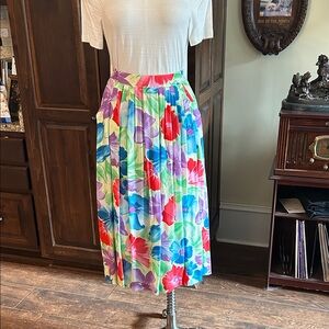 1980’s Kazz Sz S Pleated Floral Midi Skirt Poppy Design w Pockets GVC